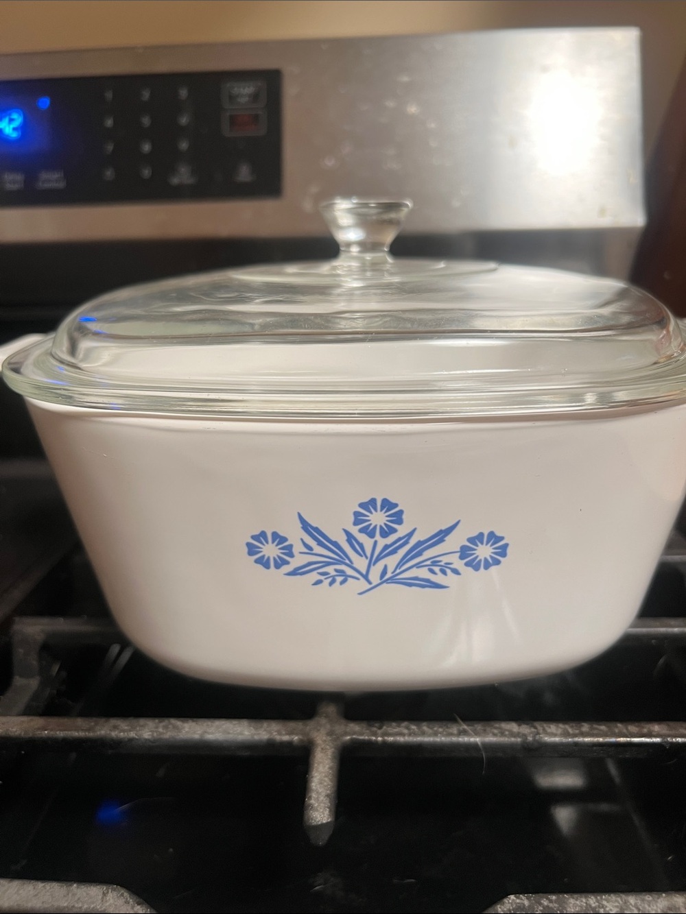 Corningware White Casserole with Blue Floral Pattern and Glass Lid